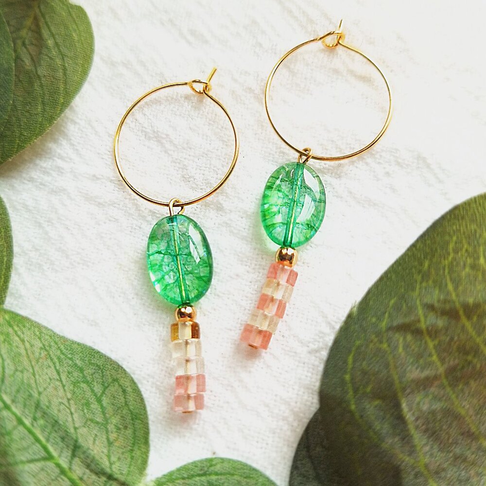 Small Gold Hoop Earrings, Cherry Quartz & Green Glass Jewelry, Boho Beaded Hoops